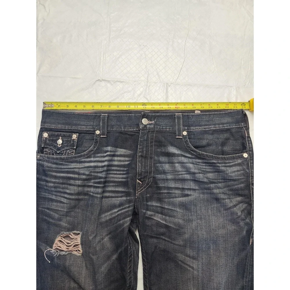 True Religion Denim Shorts Mens 44 Blue Cut Off Straight Flap Distressed Bermuda